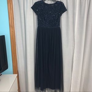 Navy Bridesmaid Round Neck Maxi Tulle Sequin Dress
